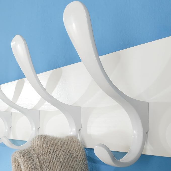 SKOLOO Wall Mount Coat Rack - White Wooden Wall Coat Hooks, Pack of 2, 6 Hooks for Coats, Hats, Clothing, Scarves