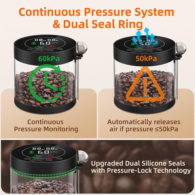 Automatic Vacuum Coffee Canister, 0.8L Coffee Container with LED Display | Smart Pressure Sensor,Window,Scoop Rechargeable Airtight Electric Coffee Bean Storage for Home Kitchen Ground Food Storage