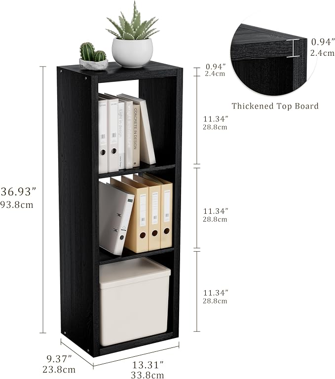 VDNEND Cube Storage Organizer Bookcase, 3 Tier Decorative 11 inch Open Back Cubical Shelf with Thickened Border, Display Bookshelf for Living Room, Home Office, Sturdy Room (Black, 3 Cube)