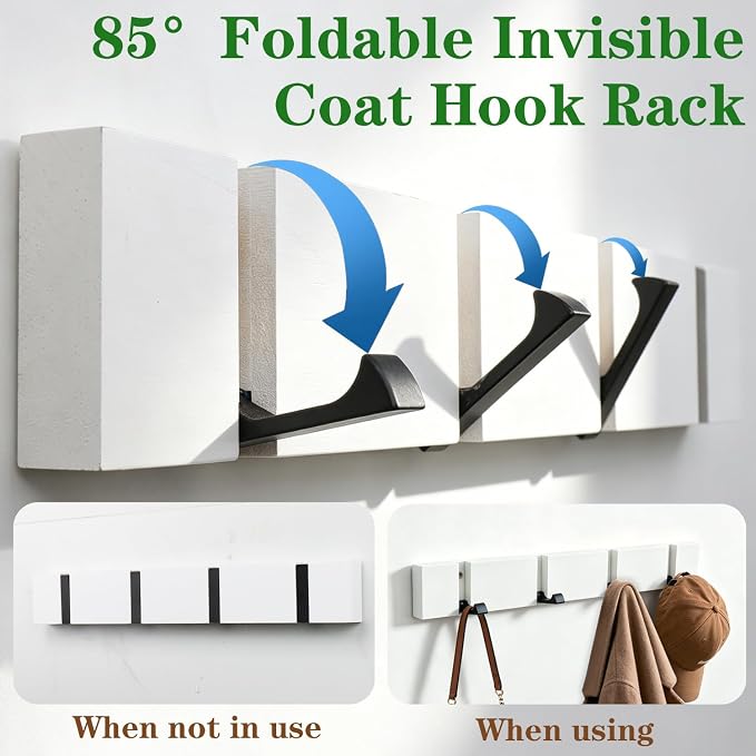 Wall Mounted Coat Rack, Heavy Duty Folding Coat Hooks Wood Retractable Wall Hooks for Hanging Purse Clothes Keys, Towel Hooks Rack for Bathroom Wall Coat Hanger for Entryway (4 Hooks,White)