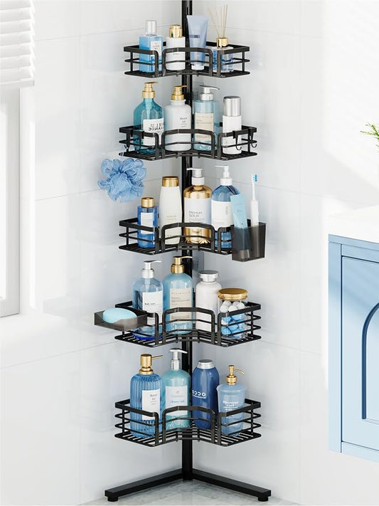 HapiRm Corner Shower Caddy Stand - 5-Tier Adjustable Shower Shelves, Black | Rustproof Stainless Steel, 4 Hooks, Soap and Toothbrush Holders, Large Capacity Shower Organizer for Tall Bottles, No-drill