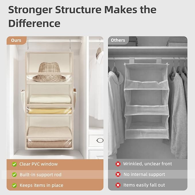 STORAGE MANIAC 6-Shelf Hanging Closet Organizer and Storage, 2 Separable 3-Shelf Haning Organizers for Closet, Collapsible Hanging Shelves Wardrobe Organization, College Dorm Room, Nursery, Beige