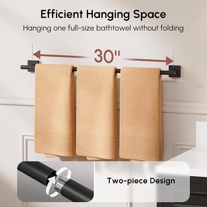 Matte Black Bath Towel Bar, 30 Inch Towel Racks for Bathroom | Thicken 304 Stainless Steel Towel Holder with Square Base, Towel Rod Wall Mounted, Modern Home Decor (Total Length 32 Inch)