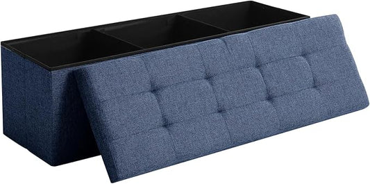 45.3 Inches Ottoman Bench With 166L Storage Space - Foldable Seat Footrest Shoe Bench for End of Bed - Flipping Lid, Linen Fabric, Navy