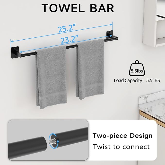 KLJKPA 10-Piece Bathroom Accessories Set, 24 inch Towel Bar | Black Bathroom Hardware Set, Towel Racks for Bathroom, Robe Towel Hooks, Toilet Paper Holder Wall Mounted