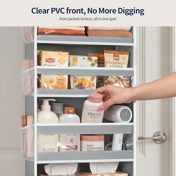 Yecaye 7 Tier Over the Door Organizer, Large Capacity Door Organizer Hanging with Clear PVC Windows, Behind the Door Storage for Bedroom Nursery Closet Laundry Pantry Bathroom, Grey