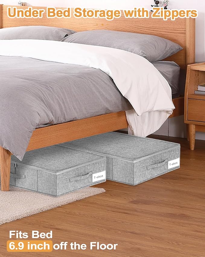 punemi 6.7 in Tall Sturdy Under Bed Storage Container with Lid, 2Pack, Gray | Stackable Clothes Storage Bag with rigid side and bottom , for Blankets, Bedding& Shoes, Closet,Dorm & Bedroom Organization
