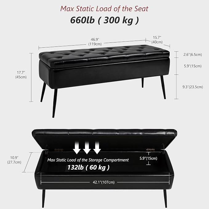 kinmars Leather Storage Ottoman Bench, End of Bed Bench with Steel Legs | Black Leather Button Tufted Design | 660 lb Capacity | Safety Hinges | Mid-Century Modern Style | Bedroom & Entryway