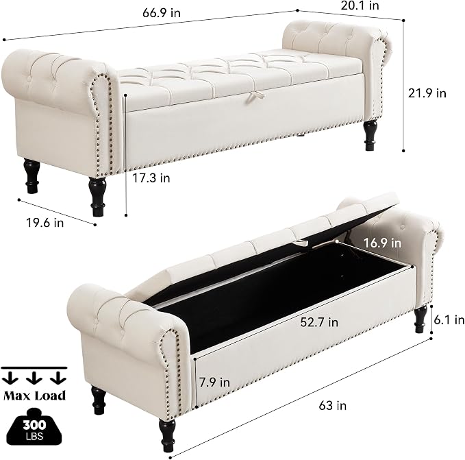 67 Inch Storage Bench for Bedroom, King Size End of Bed Bench, Upholstered Bench with Rolled Arms, Linen Tufted Button Storage Ottoman Benches, Living Room, Entryway, Cream Beige