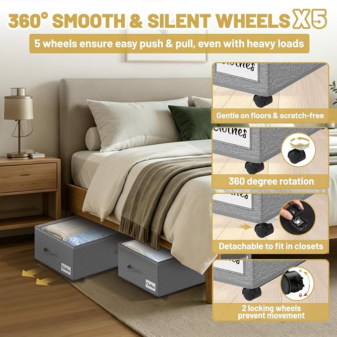 Under Bed Storage with Wheels, 2 Pack Underbed Storage Containers with Clear Lid & Label, XXL 75L Easy Assembly Rolling Under Bed Shoe Storage for Clothes, Shoes, Blankets, Gray(28.3 X 16.5 X 9.5 in)