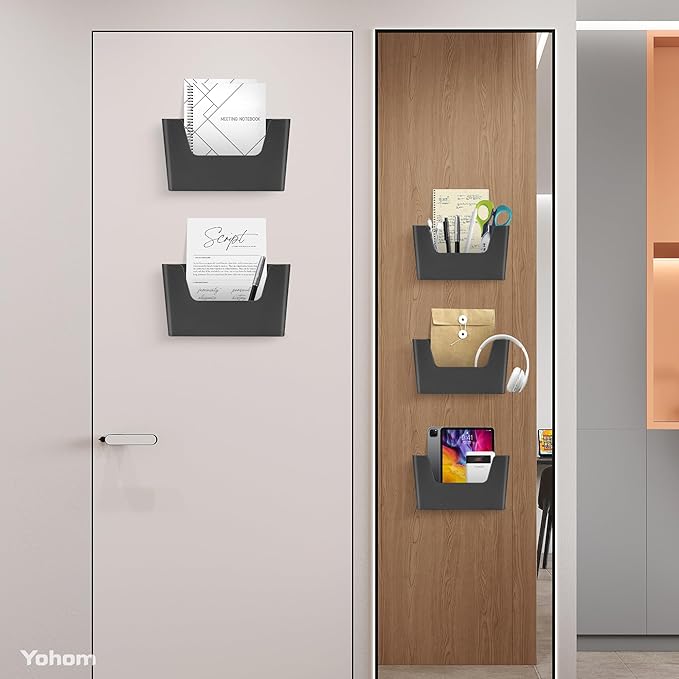 YOHOM Adhesive File Holder Plastic Document Folder Door No Drilling Mount Mail Magazine Organizer A4 Filing Envelopes Folder, Office Wall Mount Single Pocket (BLACK, 5 PCS)