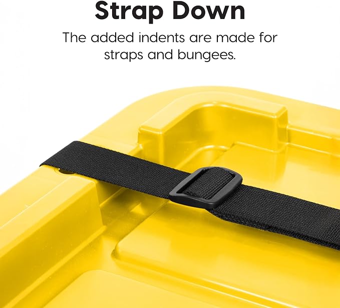 IRIS USA 4-Pack 27 Gal Heavy Duty Storage Tote Bins with Lids, Black/Yellow | Large-capacity design handles moving, camping gear and bulky equipment, Stackable shape maximizes garage storage