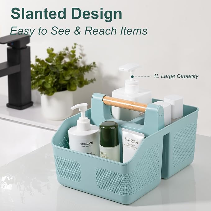 Plastic Shower Caddy Portable Shower Basket with Bamboo Handle, Blue | Cleaning Caddy Organizer Storage Tote for Bathroom, College Dorm Essentials, Bath Toy Storage