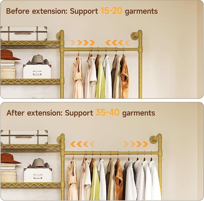 ONBRILL H4 Wall Mounted Closet System, Expandable Industrial Pipe Clothes Rack Clothing Rack for Hanging Clothes, Heavy Duty Closet Organizers and Storage in Wardrobe Closet - Gold