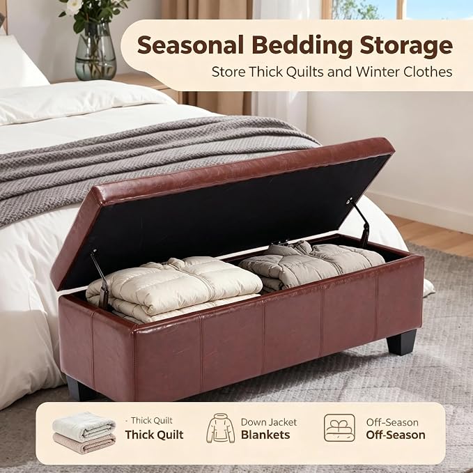 41.5 Inch Brown Faux Leather Storage Ottoman Bench for Bedroom Entryway | 2.8 cu ft hidden storage space,660 lbs load capacity,solid wood legs,ideal for end of bed mudroom
