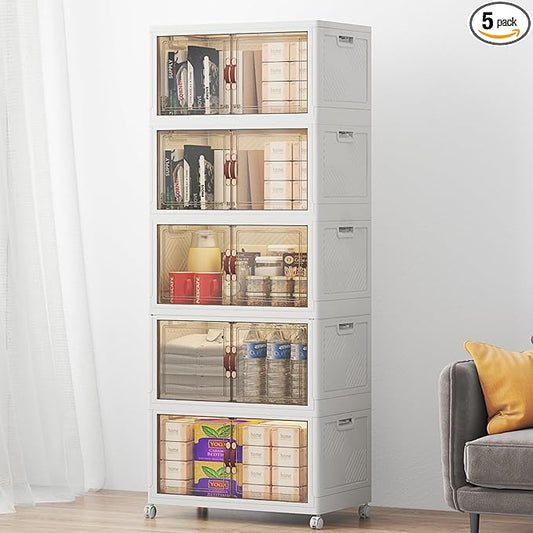 UAMFURI Stackable Storage Bins with Lids, 240QT Lockable Storage Cabinet | Closet Organizers, Foldable Storage Box with Doors and Wheels, Plastic Drawers for Home, Garage, Office (5, White, Medium)