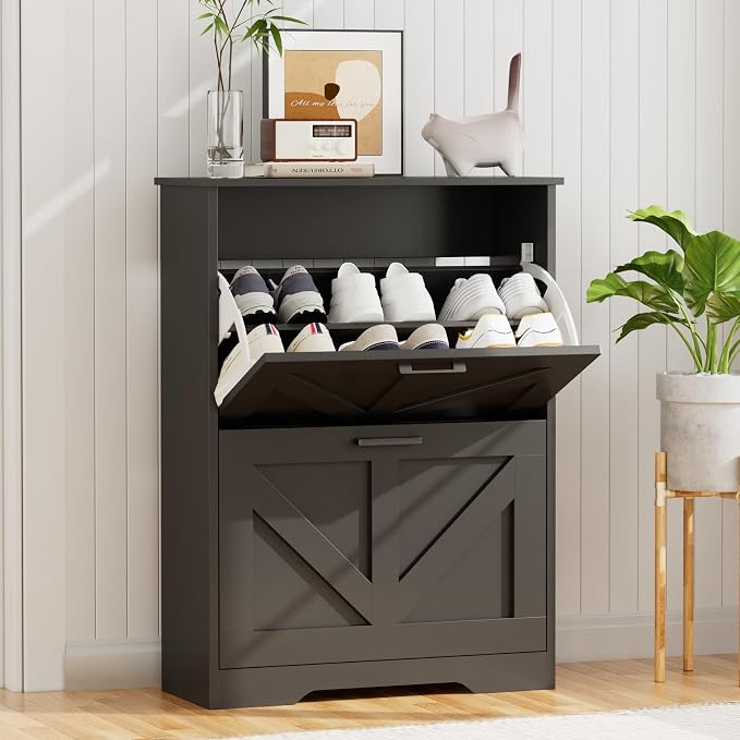 Homleke Farmhouse Shoe Cabinet for Entryway, 2 Barn-Style Flip Drawers | Narrow Shoe Storage Organizer, Top Display Shelf, Adjustable Shelves, Shoe Rack, for Hallway Closet, 24" Wide, Black