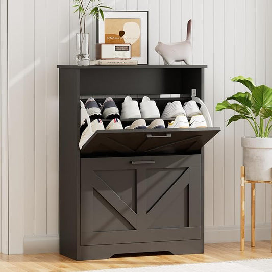 Homleke Farmhouse Shoe Cabinet for Entryway, 2 Barn-Style Flip Drawers | Narrow Shoe Storage Organizer, Top Display Shelf, Adjustable Shelves, Shoe Rack, for Hallway Closet, 24" Wide, Black
