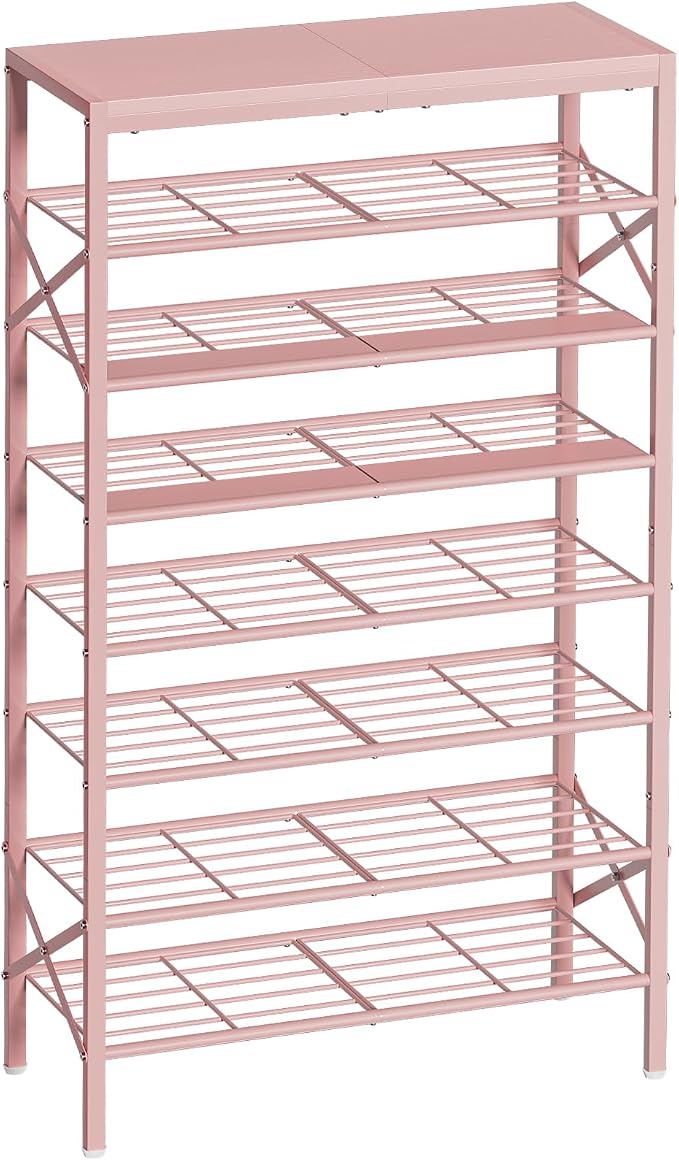 8 Tier Metal Shoe Rack with Wood Top, 24-32 Pairs Pink | 52in tall maximizes vertical space. 2 iron sheets for heels. Remove a layer for tall boots. Versatile for home.