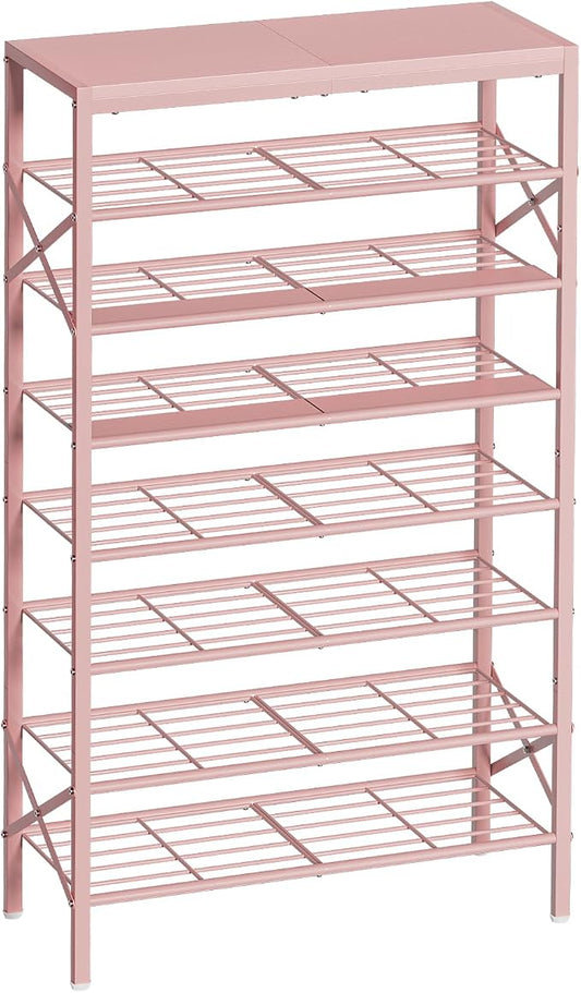 8 Tier Metal Shoe Rack with Wood Top, 24-32 Pairs Pink | 52in tall maximizes vertical space. 2 iron sheets for heels. Remove a layer for tall boots. Versatile for home.