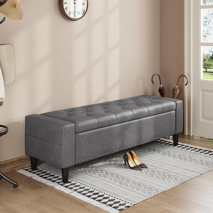 60" Storage Ottoman Bench, Faux Leather Upholstered Bed Bench with Tufted Buttons and Nailhead Trim, Large Ottoman with Storage for King Size End of Bed, Bedroom, Entryway, Hallway (Grey)