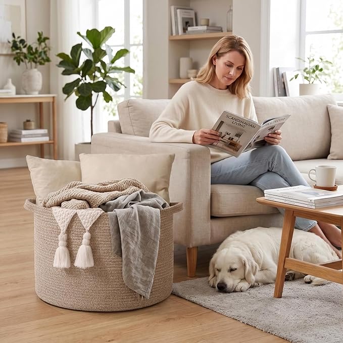 115L Large Blanket Basket,Woven Rope Laundry Basket-Brown | Collapsible, reinforced handles, nursery storage bin organizes clothes, toys and pillows for living room, bedroom bathroom.