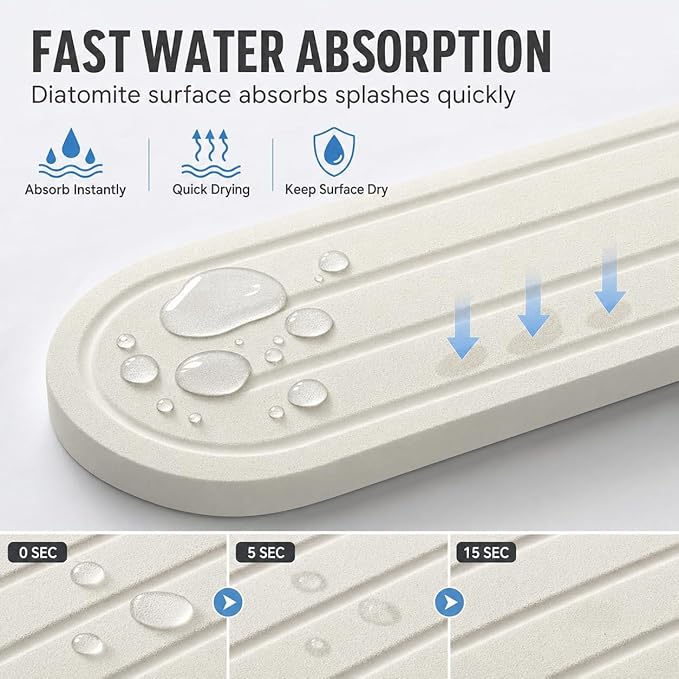 2PCS Water Absorbing Stone Drying Tray Mat for Bathroom Sink & Kitchen Counter Faucet Organizer Decor, Quick Dry Dish Soap Dispenser Sponge Holder, Vanity Sink Caddy Coaster,White -10"*3.8"