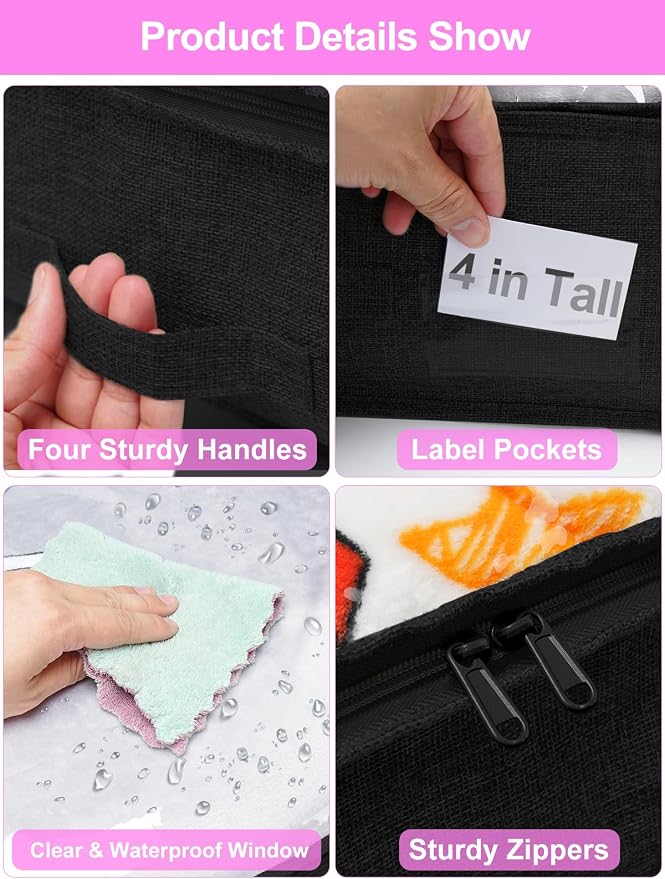 punemi 4 in Tall Low Profile Under Bed Storage Containers, 2 Pack, Black | Foldable Storage Design with Zipper & Clear Lid for Blankets & Clothing, Ideal for Closet, Bedroom & Dorm Organization