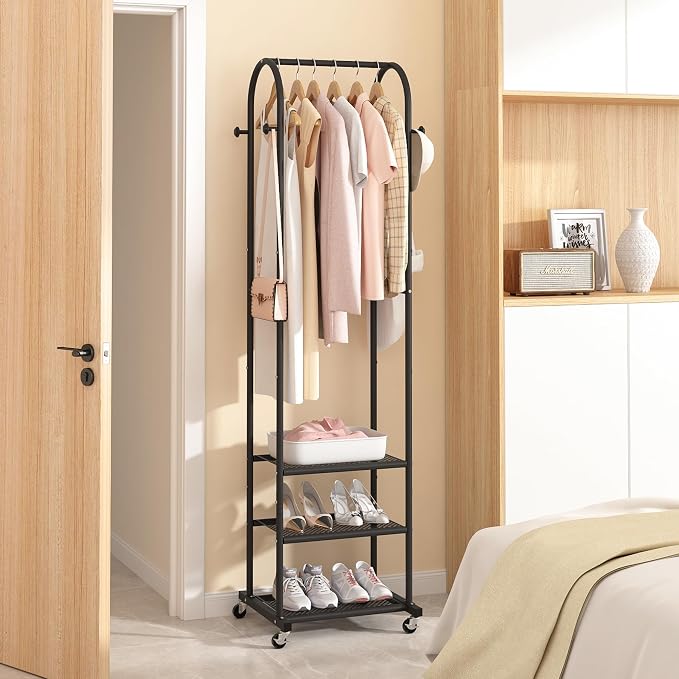 Kaitiemoo Clothing Rack, Mobile Garment Rack with Wheels & 3 Shelves, Blak | Heavy Duty Frame, Fits Small Spaces, 71.8 Inches Display Rack, Easy to install, Black clothes rack