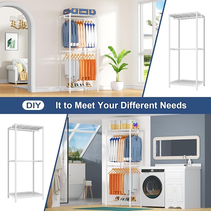 E12 Clothes Rack，Heavy Duty Freestanding Garment Rack with Shelves，Metal Clothing Closet Storage System for Hanging Clothes，57.1" W x 16" D x 76.5" H, Hold 860 lbs，White