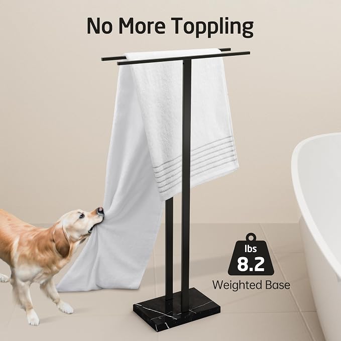 KES 37" Freestanding Towel Rack, Heavy Black Marble Base, Stainless Steel | Equal-height, Fits Large Bath Towels, Stable 8.23 lb Base, Rustproof Stainless T-Bars, Modern Design