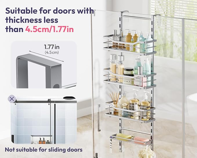 SWTYMIKI Over the Door Shower Caddy - 4 Tier Adjustable Shower Organizer Hanging with Soap Holder, No Drilling Stainless Steel Bathroom Rack Hanging for Body Wash, Shampoo, Soap, Razor, Silver