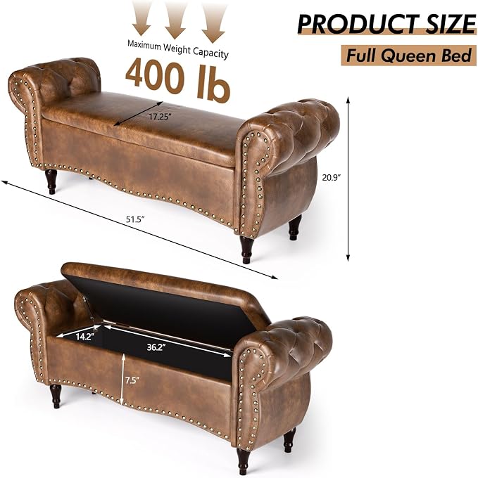 ZZW Storage Ottoman Bench, 51" Length Upholstered End of Bed Storage Bench for Bedroom with Safety Hinge, Tufted Bed Benches with Rolled Arm and Nailhead Trim for Living Room, Entryway Brown