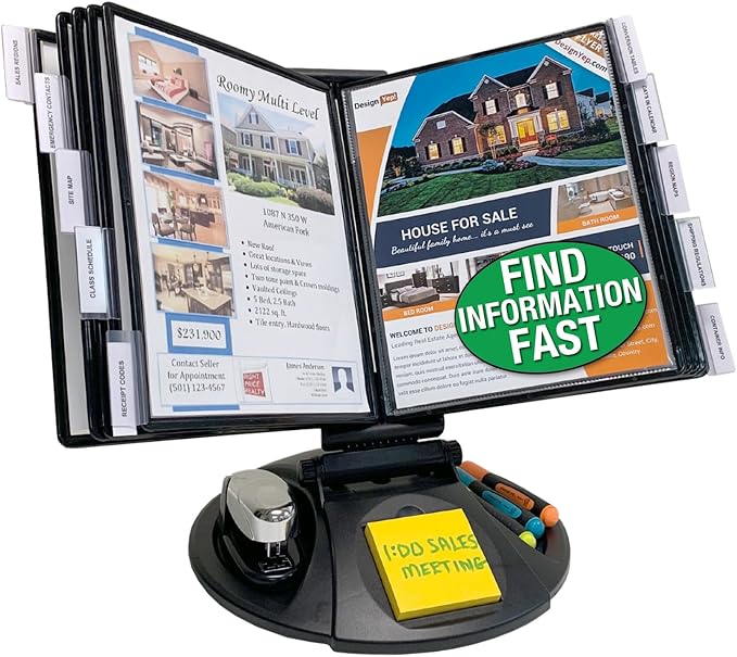 Ultimate Office Round Base 10-Pocket Desk Reference Organizer, Black Pkts | Functional Supply Storage PLUS Fast Access to 20 Letter Size Sheets. Filp and Find Your Most Important Documents in Seconds.