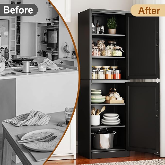 Tall Metal Narrow Bathroom Storage Locker Cabinet 67" H, Tall Black Pantry Cabinets with 4 Adjustable Shelves and 2 Lockable Doors for Kitchen, Home Office, Living Room, Dining Room