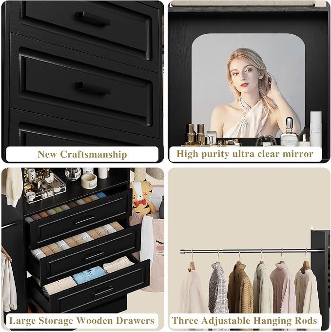 Unikito 8FT Closet System with Mirror, 96 Inch Walk in Closet Organizer Kit with Drawers and 3 Extendable Hanging Rods, Sturdy Wood Clothing Garment Rack with 25” Tower, Max Load 1000 LBS, Black