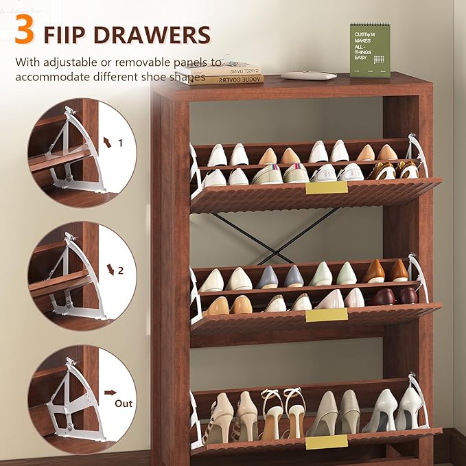 32" Fluted Shoe Cabinet Storage with 3 Flip Drawers for Entryway, Hallway | Hidden Shoe Rack Slim Freestanding Shoe Organizer with Legs for Hallway, Living Room, Red Walnut