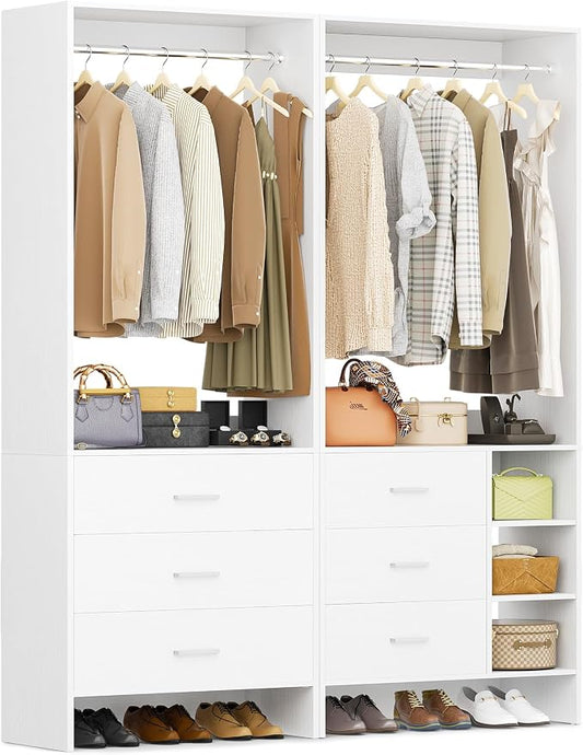 Aheaplus Closet System with 6 Drawers, 4.5ft Wood Closet Organizer System, Walk-in Closet or Small Closets Wardrobe, Clothes Rack with Hanging Rods, Set of 2, White