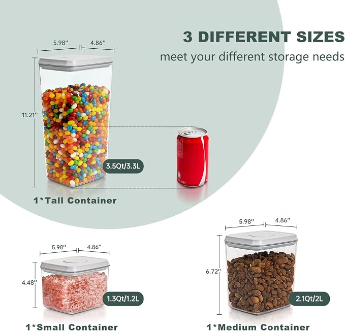 Airtight Food Storage Containers, 3.5/2.1/1.3 Qt, 3-Piece Set | Clear Stackable Canisters with One-Touch Lids for Flour, Cereal, Oats, Sugar, Snacks and Pantry Staples in Small Kitchens
