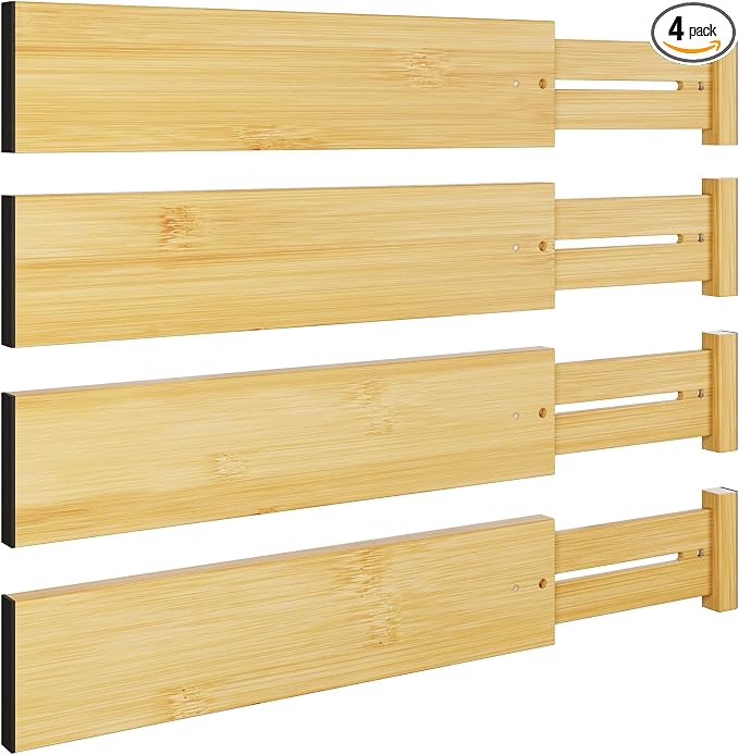 BAMEOS Bamboo Expandable Drawer Dividers – Fits 13.3"–19" Drawers, 3" Deep Walls, Set of 4 | Spring-Loaded Separator for Deep Kitchen & Bathroom Drawers, Prevents Items Falling Over