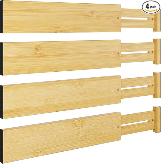 BAMEOS Bamboo Expandable Drawer Dividers – Fits 13.3"–19" Drawers, 3" Deep Walls, Set of 4 | Spring-Loaded Separator for Deep Kitchen & Bathroom Drawers, Prevents Items Falling Over