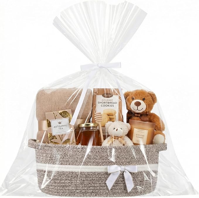 Colingmill 1 Set Woven Empty Basket for Gift,Khaki | with Cellophane Wrap Set, 14 x 10 x 5.5 Inch, Medium Decorative Gift Basket, Cotton Rope Storage Box, Home Decor