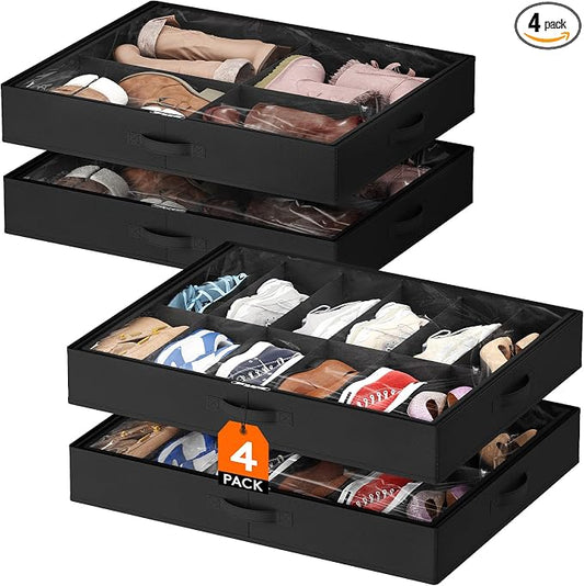 Lifewit Under Bed Shoe Storage Organizer 2 Pack(12 Shoes Cells+4 Boots Cells), 4.3 Inches Profile Fabric Shoes Container Box with Clear Cover, Foldable Storage Bag with 2 Handles, Fits 20 to 32 Pairs