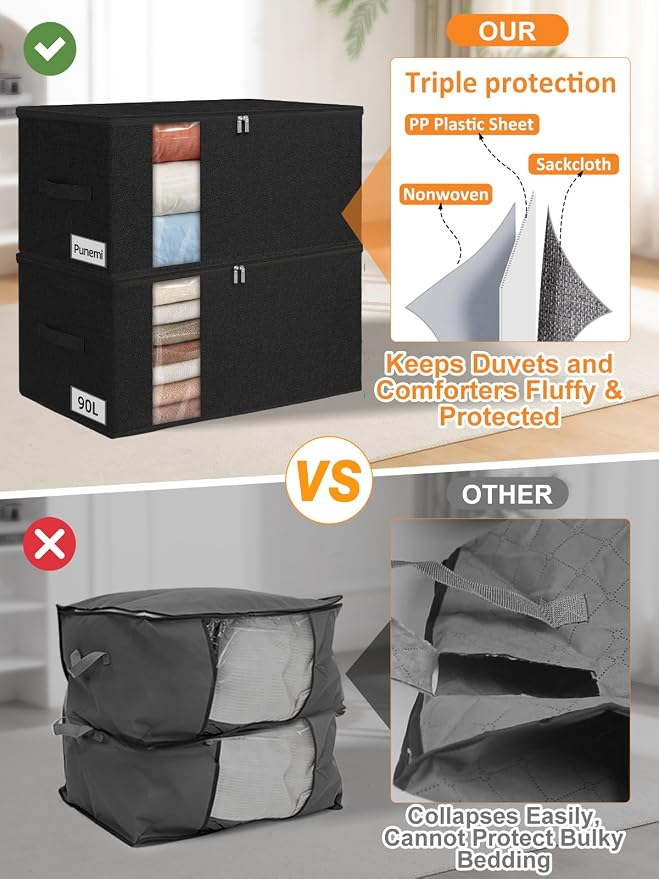 punemi 90L Structured King Size Comforter Storage Bags, 2 Pack, Black | Clear Window & Reinforced Handles, Comforter & Bedding Organizer, for Quilts, Duvets, Pillows & Seasonal Clothes