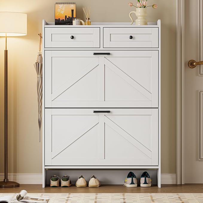 BORNOON Shoe Storage Cabinet for Entryway, Farmhouse Narrow Shoe Cabinet with 2 Flip Drawers & Top Drawers, Adjustable Shelves & Hooks, Freestanding Hidden Rack Organizer for Hallway, Foyer