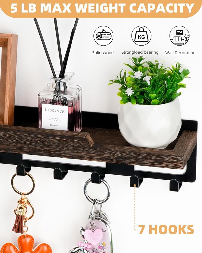 lucdnc Key Holder for Wall with Tray, 7 Hooks & Wood Shelf | Decorative Entryway Organizer for Mail, Keys, Sunglasses, Wall Mounted, Home Office
