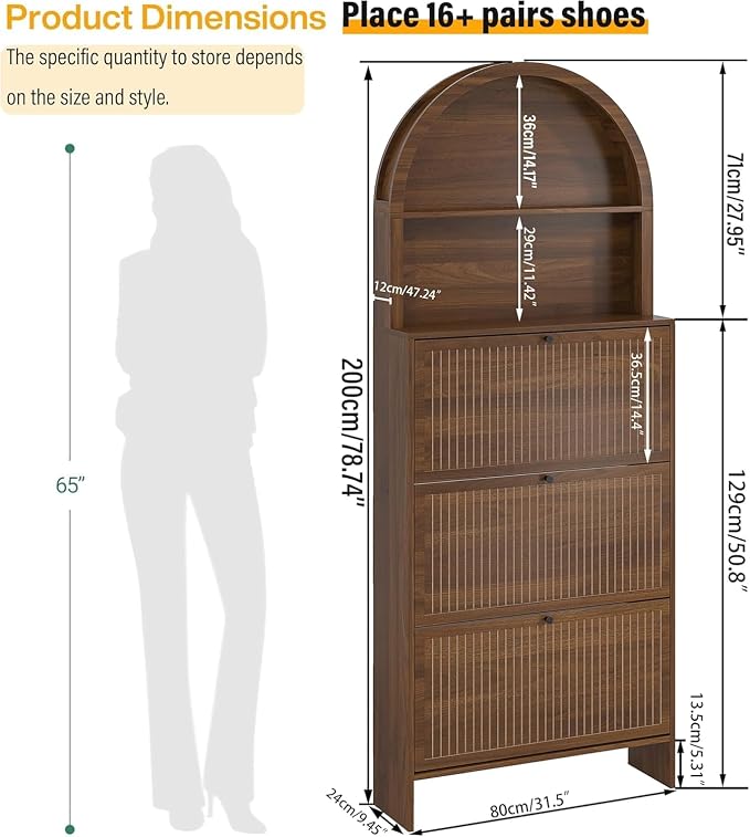 78.7'' Tall Shoe Storage Cabinet for Entryway with 3 Flip Drawers | Arched Design,Hidden Slim Shoe Organizer,Open Storage Shelf, Freestanding Shoe Rack,Large Tabletop Space,Hallway,Walnut