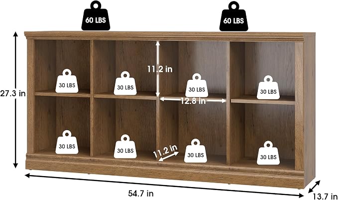 2 Tiers 8 Cube Storage Organizer Bookcase, 54 inch Width Wooden Book Shelf | 8 Storage Cube Adjustable Space Book Case, Vintage Oak Horizontal Bookshelf Display Cabinet Organizer for Home Library Office
