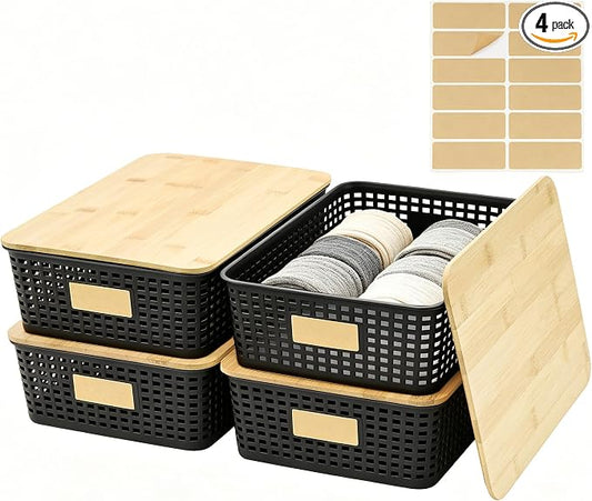 Bagnizer 4 Pack Plastic Storage Bins with Bamboo Lids, 6.2qt Stackable Storage Organizer Box with Lable for Pantry Shelves Drawers Desktop Office, 12"L x 8.3"W x 3.5"H, Black
