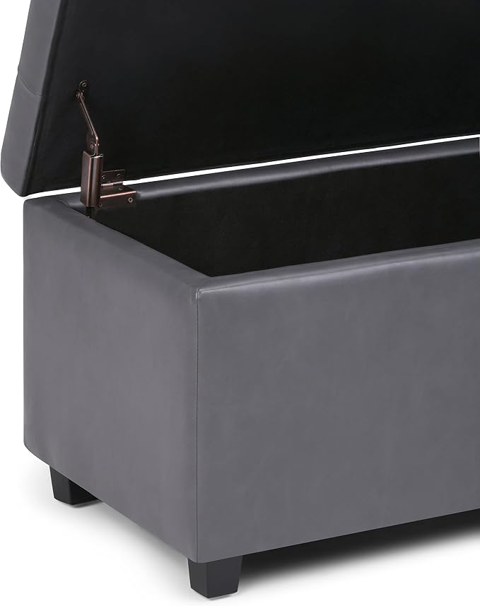 SIMPLIHOME Cosmopolitan 34" Wide Vegan Leather Storage Ottoman in Brown | Stone grey, transitional storage ottoman with tufting and lift-up lid; rectangle storage bench for living room or entryway.